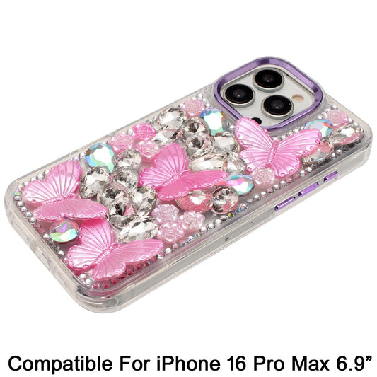 Phone Case for Apple iPhone 16 Pro Max Luxury 3D Floral Butterfly Bling Rhinestone Glitter Shockproof Stylish Protective Hybrid Designer Metallic Cover Purple