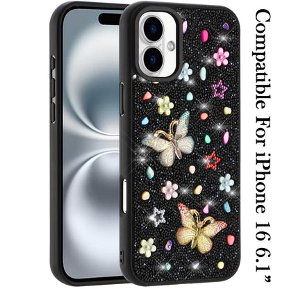 Phone Case for Apple iPhone 16 3D Butterfly Diamond Bling Glitter Shockproof Stylish Protective Luxury Hybrid Sparkly Durable Grip Design Cover Black