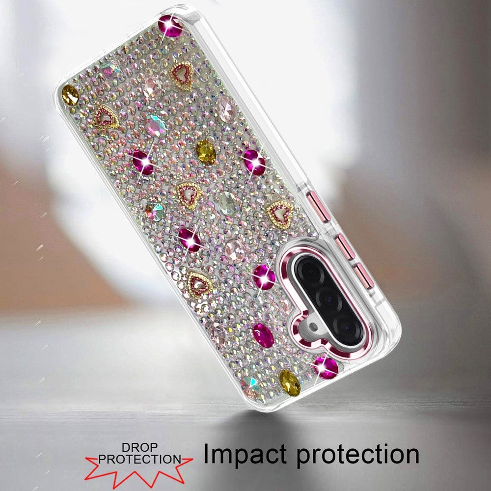 Phone Case for Samsung Galaxy A37 Chrome Fashion Hybrid Bling Diamond Heart Rhinestone Decorative Stones Sparkling Embellished Design Cover Purple