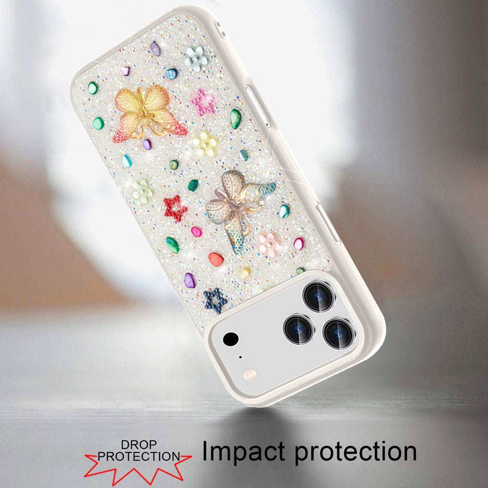 For Apple iPhone 17 Pro (6.3") Diamond Butterfly 3D Glitter Bling Design, Slim Hybrid Sparkle Protective Cover TPU for Women Girls Case Cover