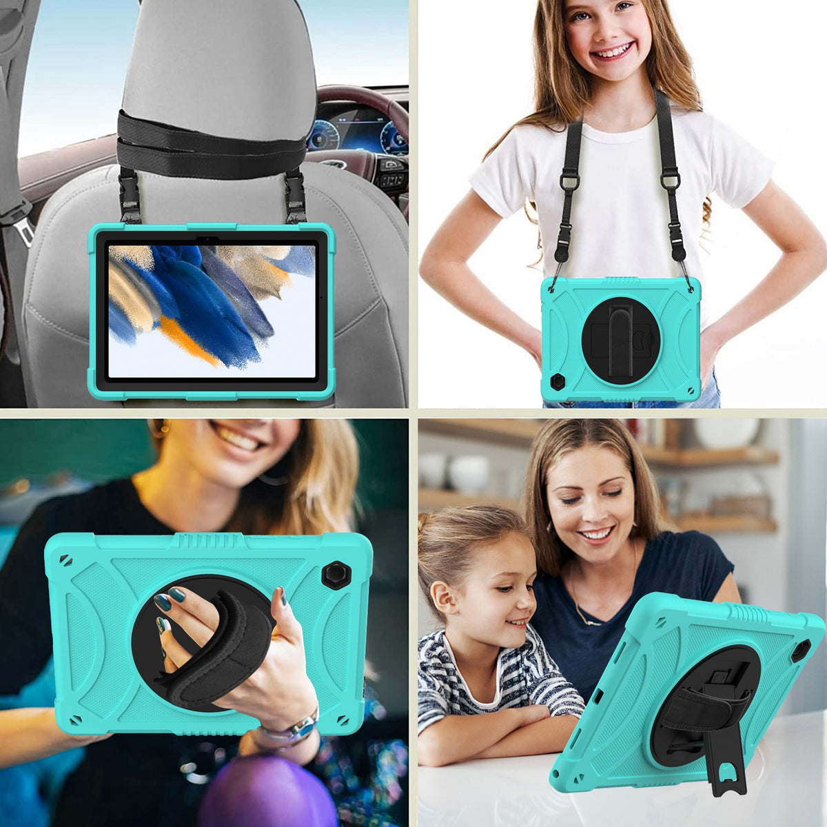 For 3-in-1 Tough Hybrid Shockproof Protector Silicone TPU with Pencil Holder, Kickstand, Hand & Shoulder Strap Teal Tablet Case Cover
