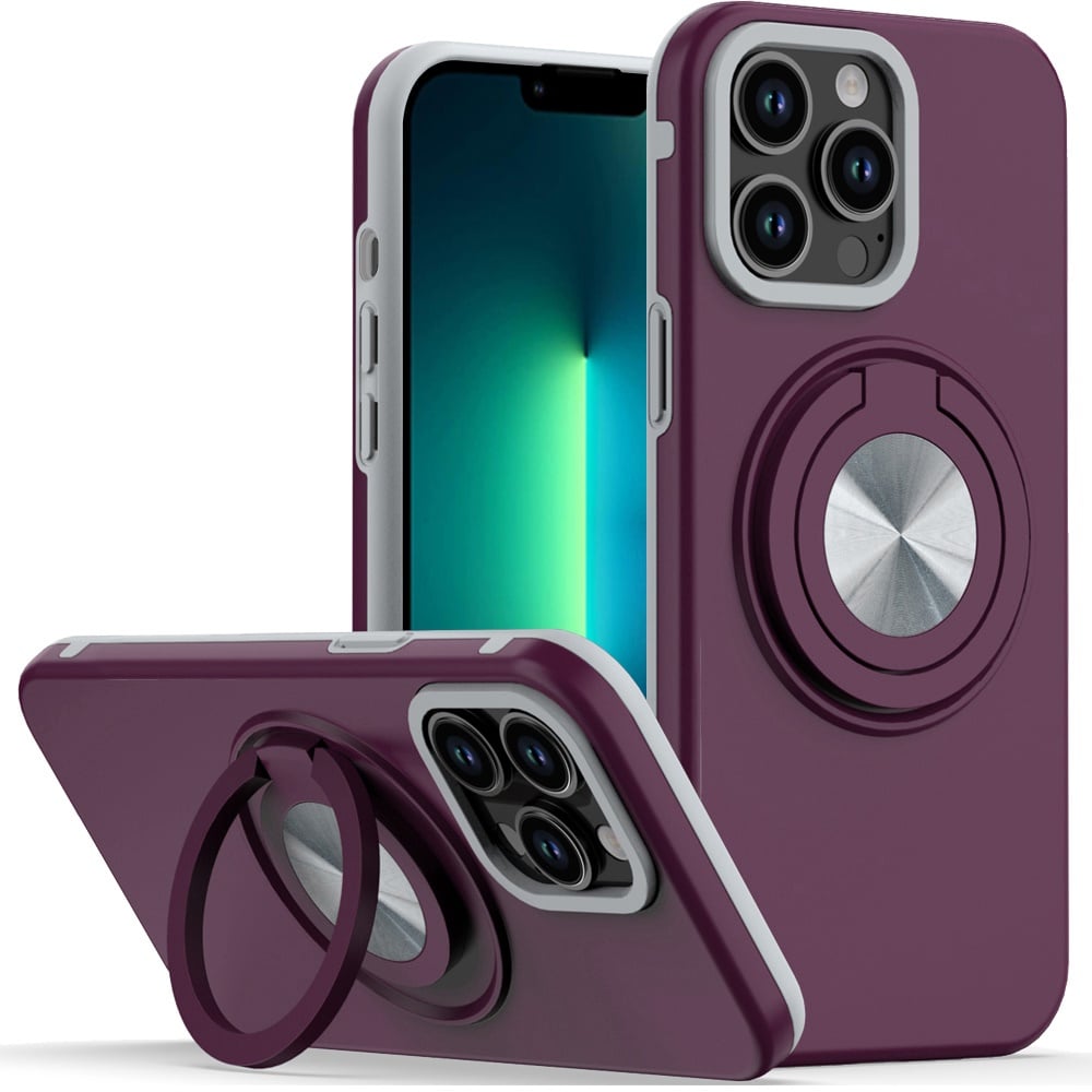 Phone Case for Apple iPhone 13 Pro Max Shockproof Magnetic Ring Stand Rotating CarMount Hybrid Metal Matte Finish AntiSlip Grip Kickstand Cover Red