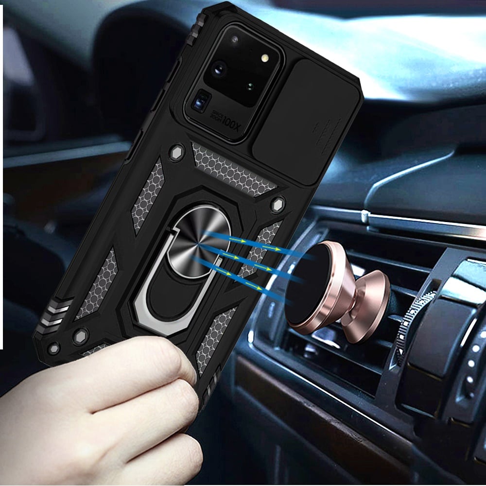 Phone Case for Samsung Galaxy S20 Ultra Shockproof Magnetic Ring Stand Camera Guard Rugged Grip Anti Slip Heavy Duty Hybrid Armor Durable Matte Cover Black
