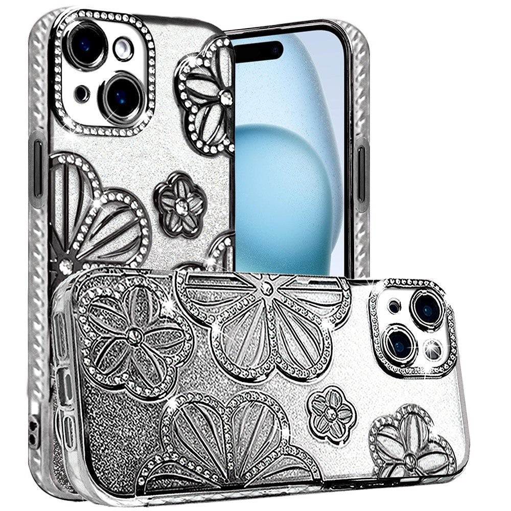 Phone Case for Apple iPhone 15 Plus Shimmer Glitter Floral Thick TPU Shockproof Durable Grip Camera Protection Anti-Scratch Stylish Design Cover