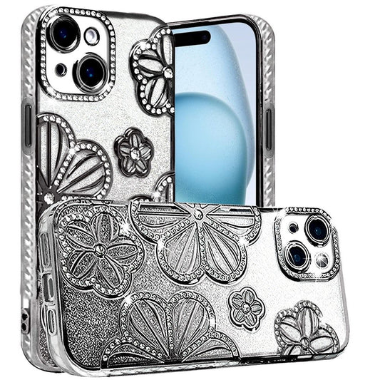 Phone Case for Apple iPhone 15 Plus Shimmer Glitter Floral Thick TPU Shockproof Durable Grip Camera Protection Anti-Scratch Stylish Design Cover