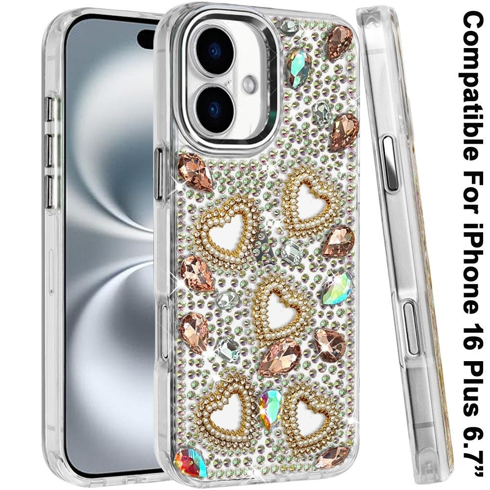 Phone Case for Apple iPhone 16 Plus Luxury Crystal Heart Rhinestone Diamond Bling Shockproof Hybrid Glitter Protective Stylish Durable Grip Cover