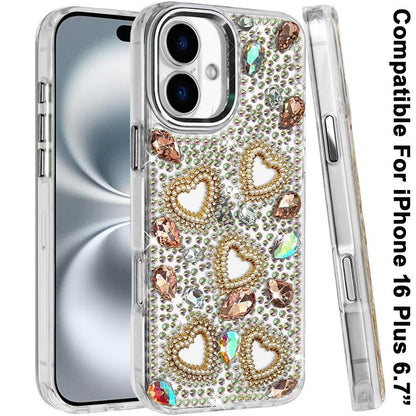 Phone Case for Apple iPhone 16 Plus Luxury Crystal Heart Rhinestone Diamond Bling Shockproof Hybrid Glitter Protective Stylish Durable Grip Cover