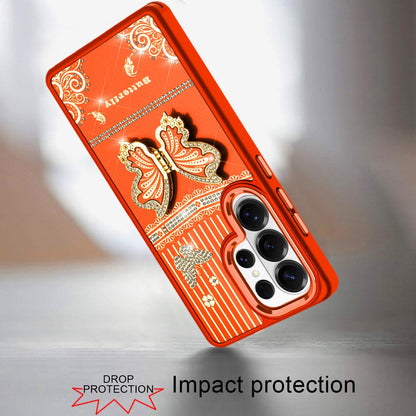 Phone Case for Samsung Galaxy S26 Ultra Glitter Bling Butterfly Stand Metallic Edge Hybrid Shockproof Grip Durable Camera Protection Stylish Design Cover Cosmic Orange