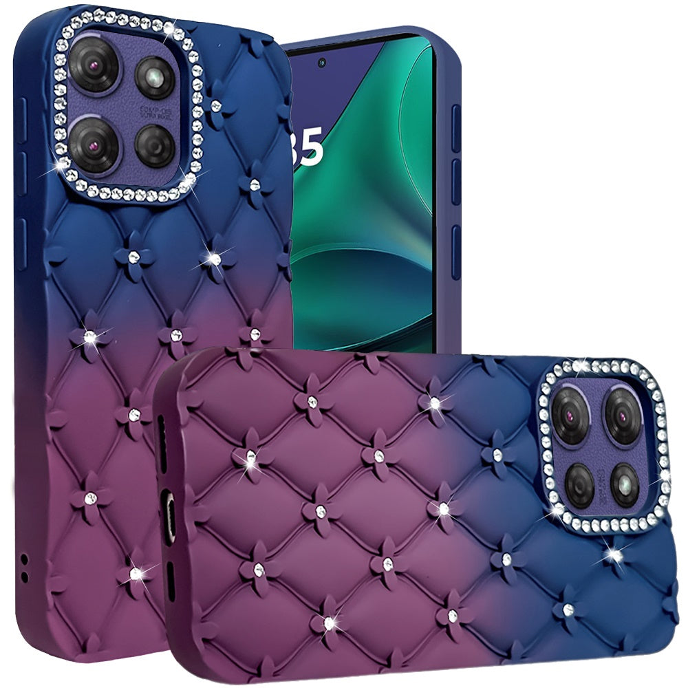 For Motorola Moto G Stylus 5G 2025 Fashion Flower Design Sparkle Glitter Shimmer Rhinestone Bling Floral Accents, Leather Texture TPU Case Cover