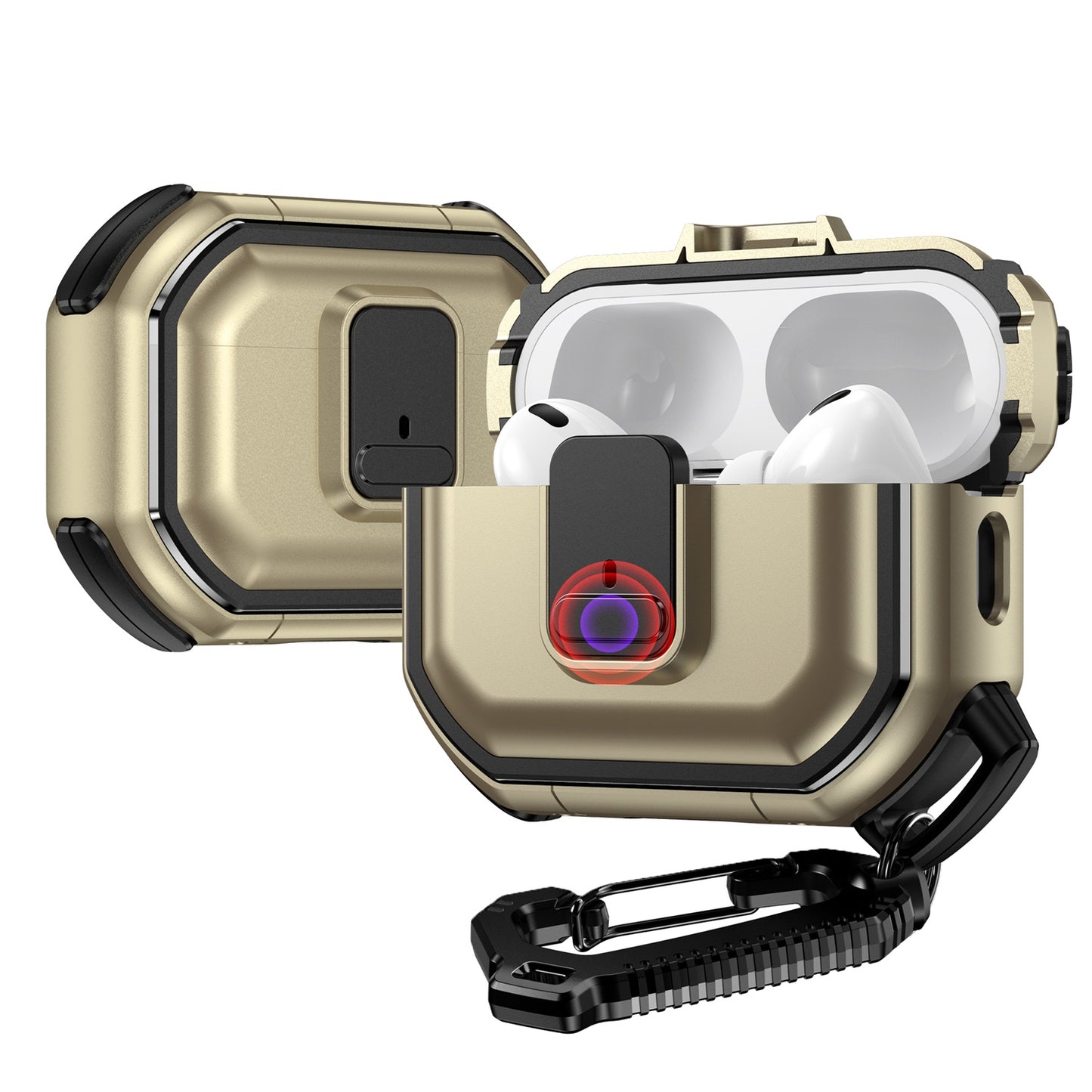 For Airpods 4 Heavy Duty Hybrid Snap Switch Button, Secure Lock Clip Super Protective with Carabiner Belt Loop Case Cover