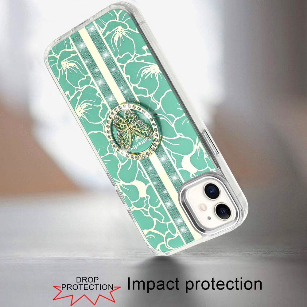 For Apple iPhone 11 Diamonds 3D Butterfly Floral Design Bling Sparkly Glitter Hybrid Metal Fashion with Ring Stand Case Cover