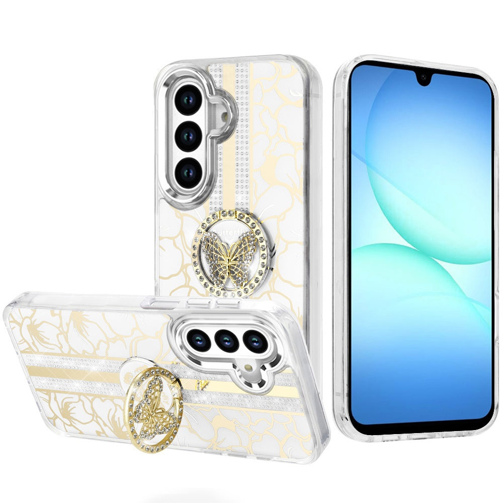 For Samsung Galaxy A17 5G Diamonds 3D Butterfly Floral Design Bling Sparkly Glitter Hybrid Metal Fashion with Ring Stand Case Cover