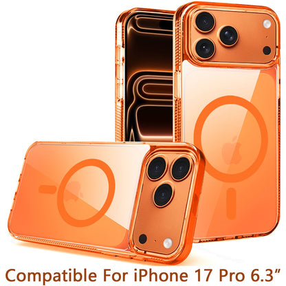 For Apple iPhone 17 Pro (6.3") MagSafe Compatible Integrated Technology Clean Transparent Hybrid Armor TPU Frame Case Cover Cosmic Orange