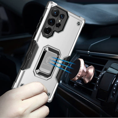 Phone Case for Samsung Galaxy S23 Ultra Shockproof Magnetic Ring Stand Hybrid Kickstand Armor 360 Rotation Anti-Slip Grip Military Grade Drop Resist Cover Silver