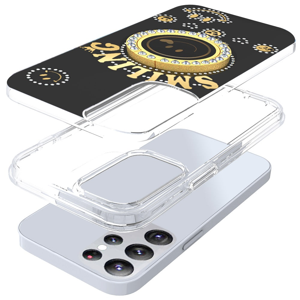 For Samsung Galaxy S25 /S24 Smiling Glitter Ornament Bling Sparkle with Ring Stand Hybrid Slim TPU + Hard Back Shell Case Cover