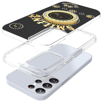 For Apple iPhone 16 (6.1") Smiling Glitter Ornament Bling Sparkle with Ring Stand Hybrid Slim TPU + Hard Back Shell Case Cover