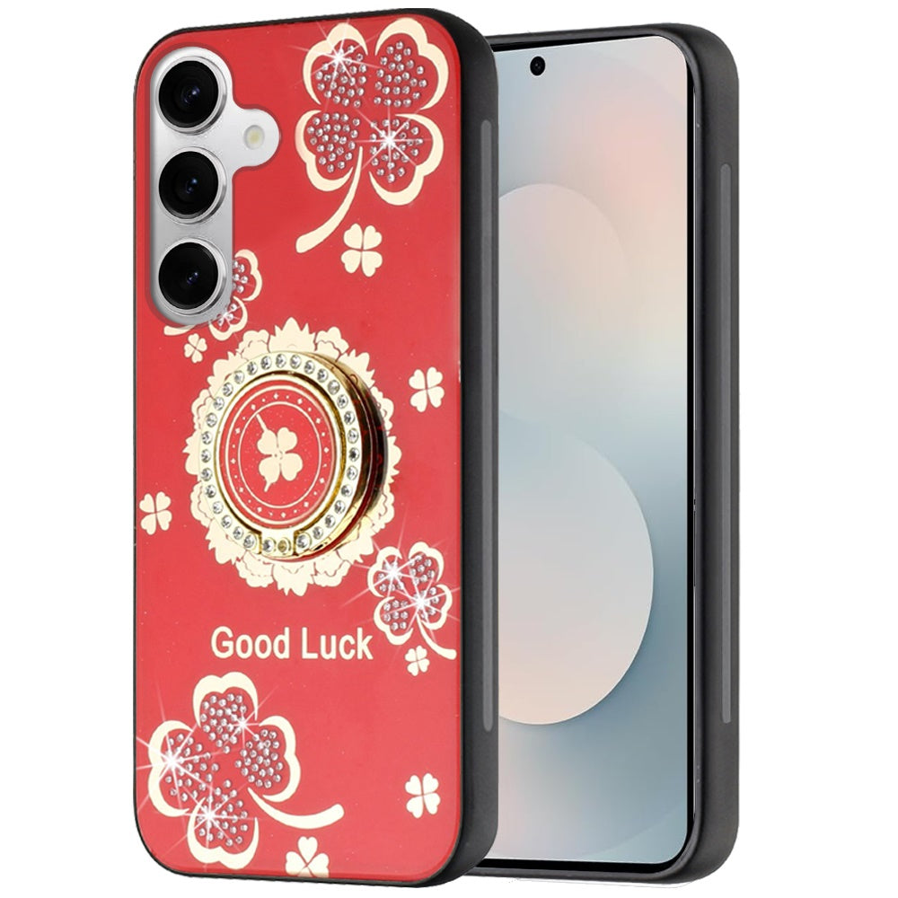 Phone Case for Samsung Galaxy S25 FE, S25 Fan Edition Diamond 3D Fashion Floral Glitter Engraved Luxury Bling Hybrid Shockproof Chrome Edge Protective Grip Cover Good Luck Floral Red