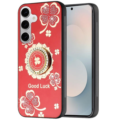 Phone Case for Samsung Galaxy S25 FE, S25 Fan Edition Diamond 3D Fashion Floral Glitter Engraved Luxury Bling Hybrid Shockproof Chrome Edge Protective Grip Cover Good Luck Floral Red