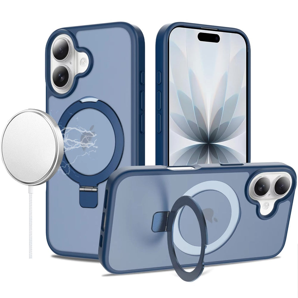 Phone Case for Apple iPhone 17 Magnetic Ring Stand Full Rotation Matte Shockproof Grip Anti Slip Durable Camera Protection Hybrid Cover Blue