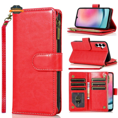 For Motorola Moto G Stylus 5G 2025 Leather Wallet Case with Zipper, 9 Card Slots, Cash Pocket, Stand & Strap, Clutch Pouch Design Case Cover Red