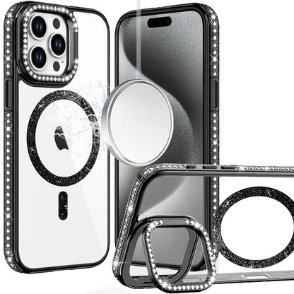 Phone Case for Apple iPhone 15 Pro Max Luxury Diamond Bling Edged Magnetic Glitter Shockproof Hybrid with Camera Kickstand Durable Grip Cover