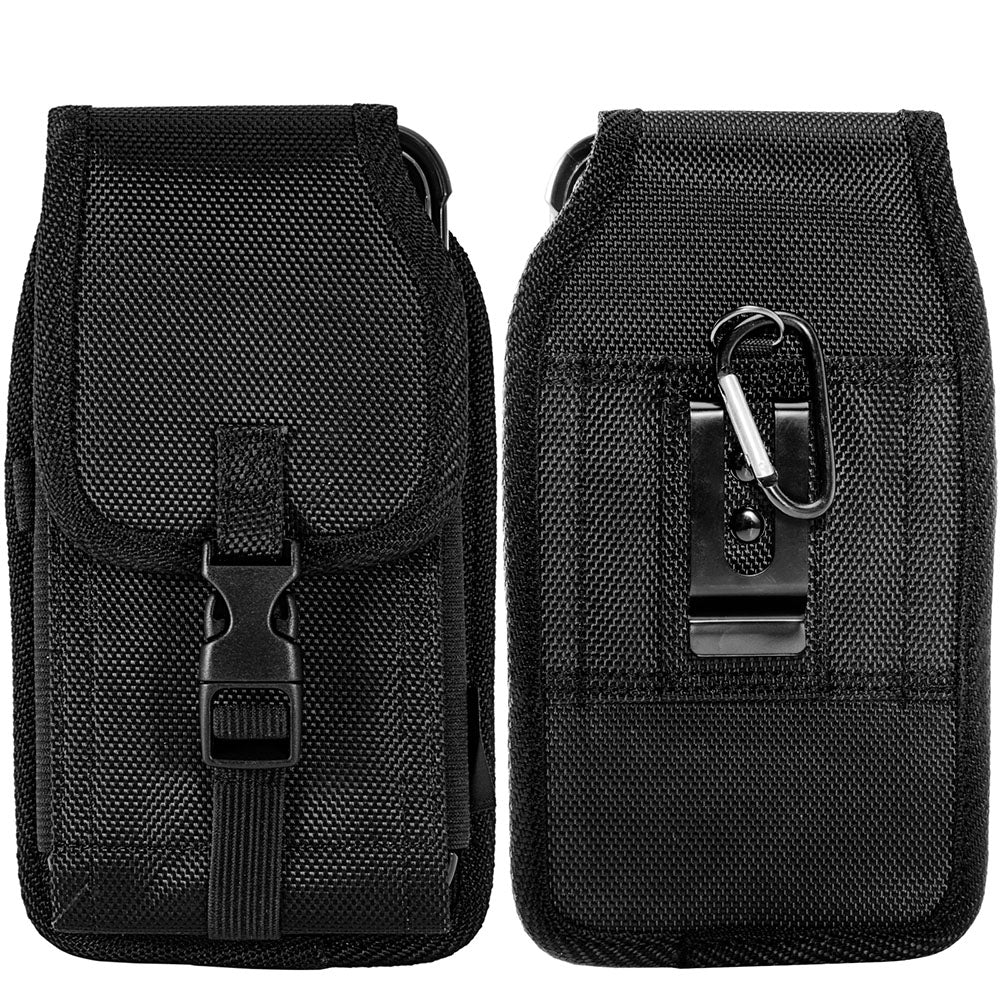 For Apple iPhone 16 Plus (6.7") Universal Pouch Case Vertical Phone Holster Nylon Cover with Front Buckle, Belt Clip Loop & Hook Carabiner [Black]