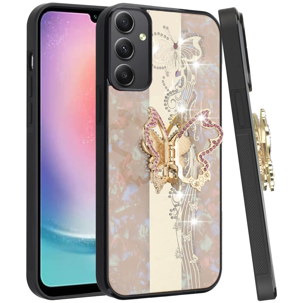 For Motorola Moto G 5G 2025 Diamonds 3D Butterfly Bling Sparkly Glitter Ornaments Engraving Hybrid with Stand Fashion Case Cover Enchanted Butterfly Gold