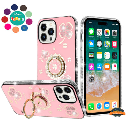 For Samsung Galaxy S23 Ultra Diamonds Bling All Around Edges Sparkly Glitter Hybrid Ring Stand Holder Fashion Good Luck Case Cover