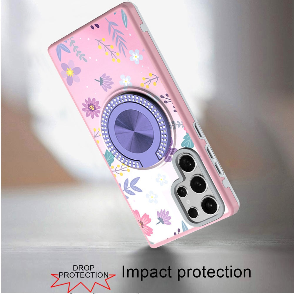 For Samsung Galaxy S23 Ultra Pattern Design Hybrid with Invisible Ring Stand & Magnetic Back, Shockproof Protective Grip Case Cover