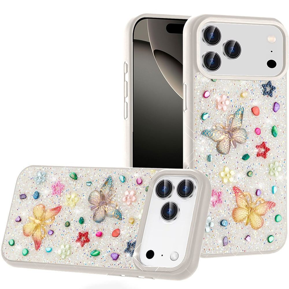 For Apple iPhone 17 Pro (6.3") Diamond Butterfly 3D Glitter Bling Design, Slim Hybrid Sparkle Protective Cover TPU for Women Girls Case Cover