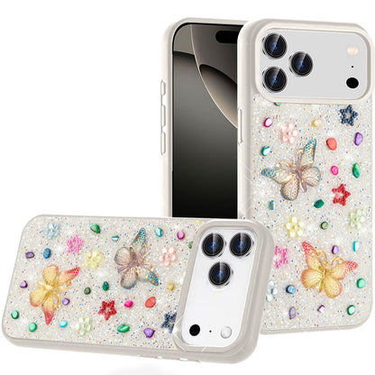 For Apple iPhone 17 Pro (6.3") Diamond Butterfly 3D Glitter Bling Design, Slim Hybrid Sparkle Protective Cover TPU for Women Girls Case Cover