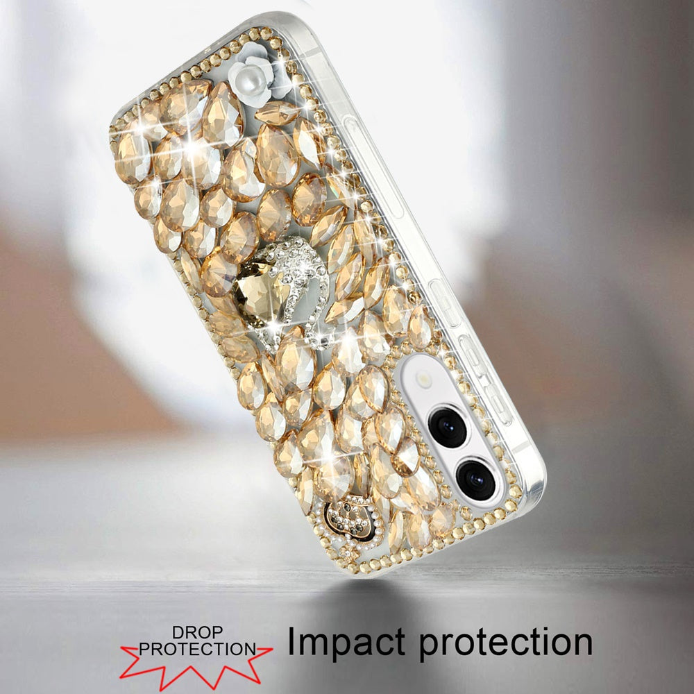 For Samsung Galaxy S25 Edge Bling Crystal 3D Full Diamonds Luxury Sparkle Rhinestone Hybrid Protective Case Cover Gold Swan Crown Pearl