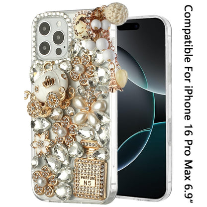 Phone Case for Apple iPhone 16 Pro Max Hard TPU Full Diamond Bling Rhinestone Pearl Crystal Ornament Decorative Multi Ornament Design Cover Gold