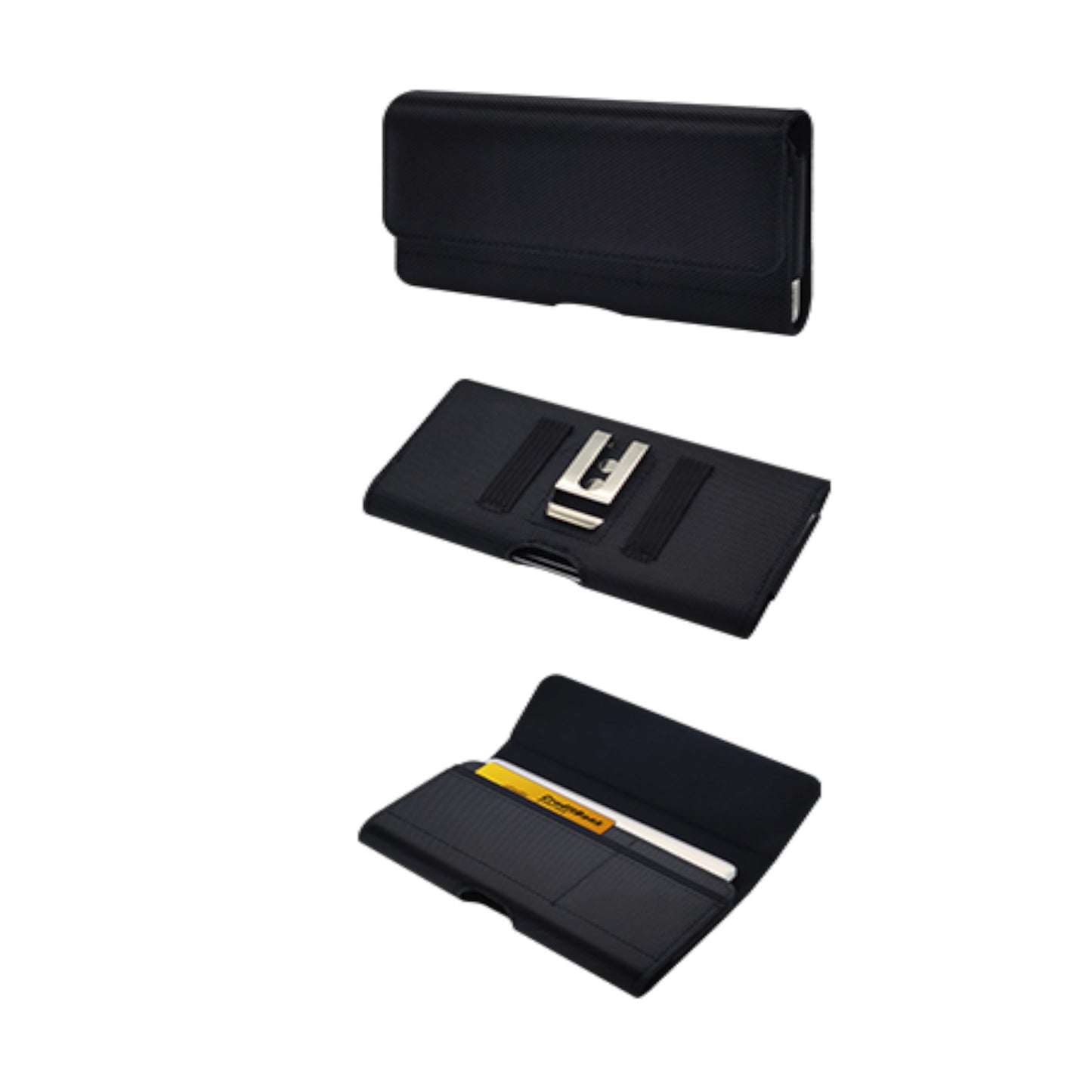 For Apple iPhone 16 Plus (6.7") Universal Nylon Canvas Horizontal Pouch Holster with Wallet Credit Card Slots & Belt Loop Clip Carrying Phone (6.7") [Black]