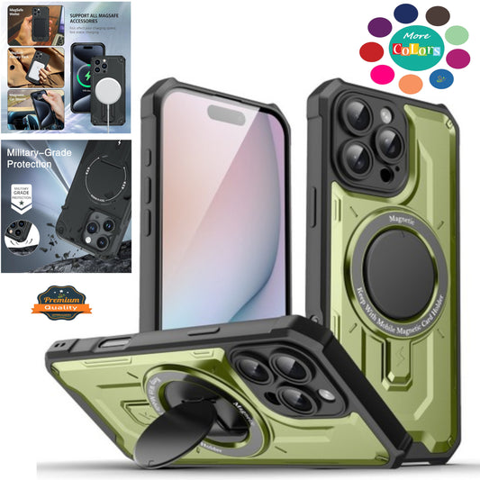 For Apple iPhone 16 Plus (6.7") Hybrid Tuff Case with Folding Stand Magnetic Holder Compatible with MagSafe [Military Shockproof] Case Cover