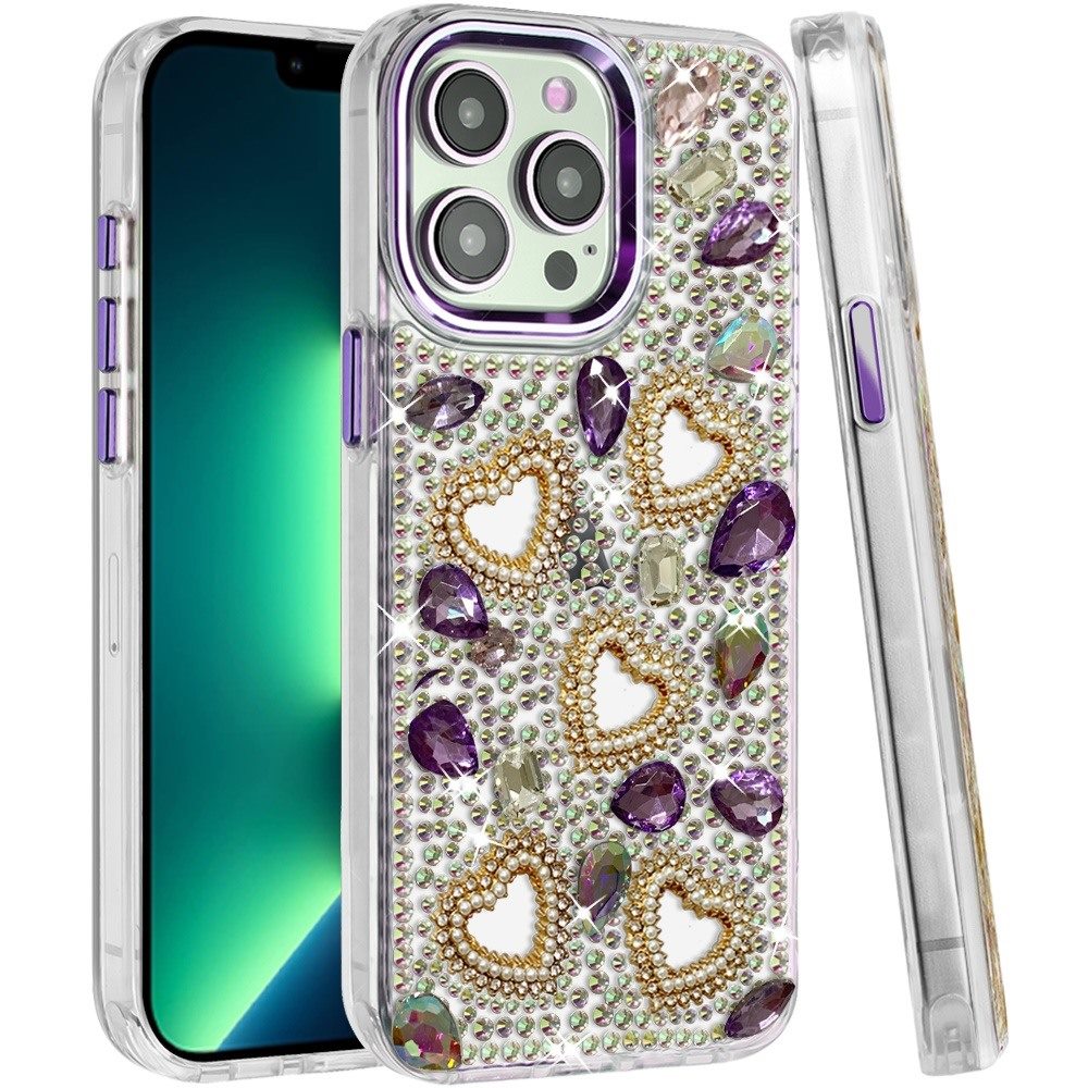 Phone Case for Apple iPhone 13 Pro Max Luxury Crystal Heart Rhinestone Diamond Bling Shockproof Hybrid Glitter Protective Stylish Durable Grip Cover