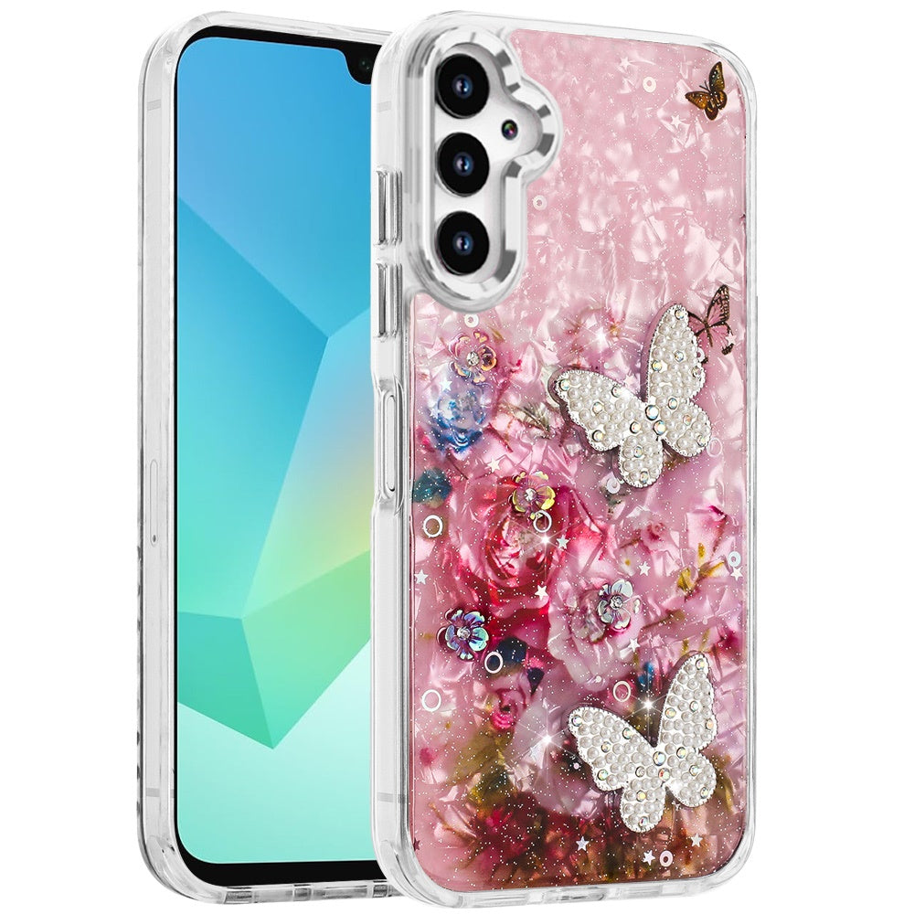 For Samsung Galaxy A36 Epoxy Glitter Flowers Bling 3D Butterfly Fashion TPU Hybrid with Shockproof Protection Case Cover