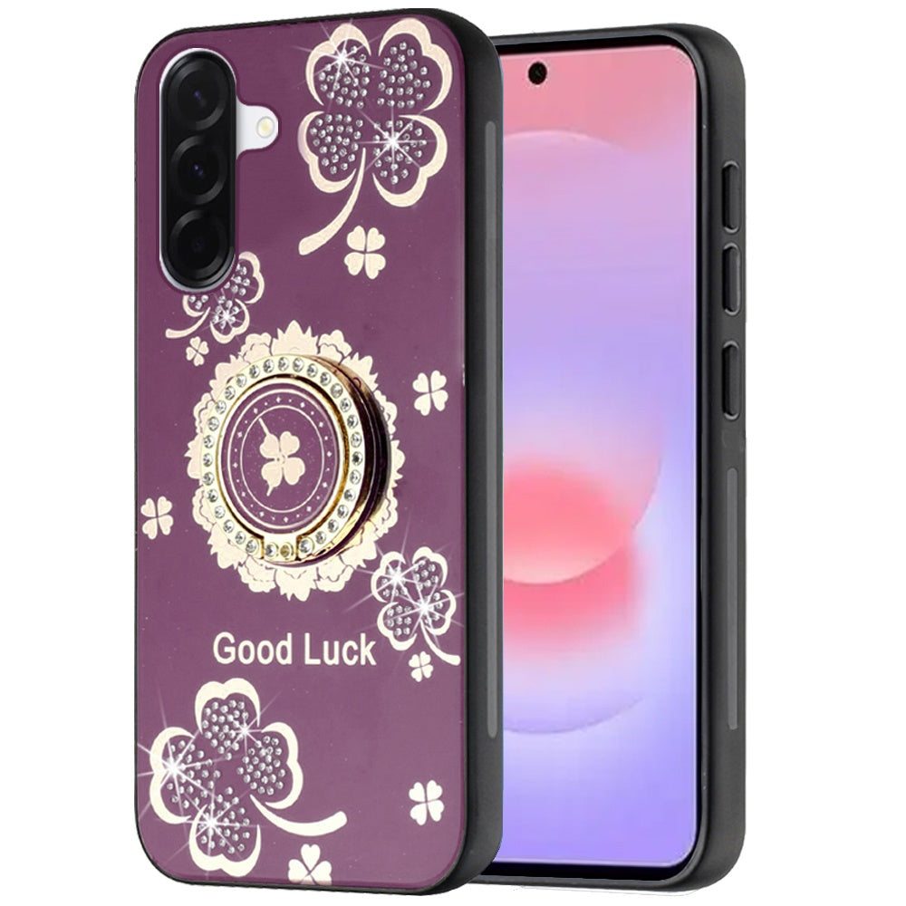 Phone Case for Samsung Galaxy A37 / A36 Diamond Glitter Butterfly Engraved Ring Stand Luxury Bling Hybrid Shockproof Chrome Edge Protective Durable Grip Cover Purple