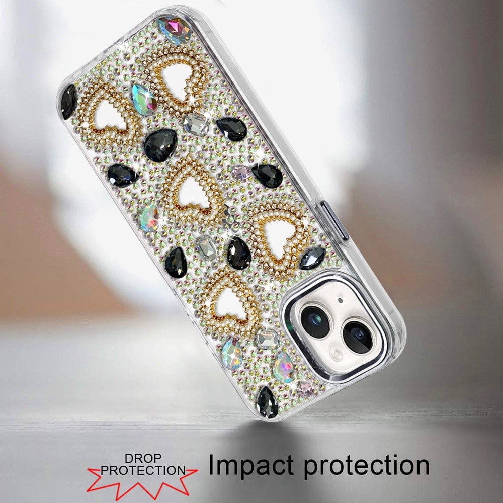 Phone Case for Apple iPhone 14 Luxury Crystal Heart Rhinestone Diamond Bling Shockproof Hybrid Glitter Protective Stylish Durable Grip Cover