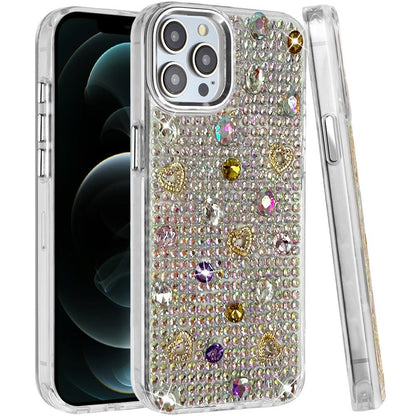 Phone Case for Apple iPhone 12 Pro Max Chrome Fashion Hybrid Bling Diamond Heart Rhinestone Decorative Stones Sparkling Embellished Design Cover