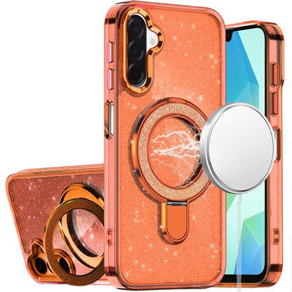 For Samsung Galaxy A16 5G Transparent Glitter Bling Case with Rotating Magnetic Ring Stand, Shockproof Hybrid Case Cover Cosmic Orange