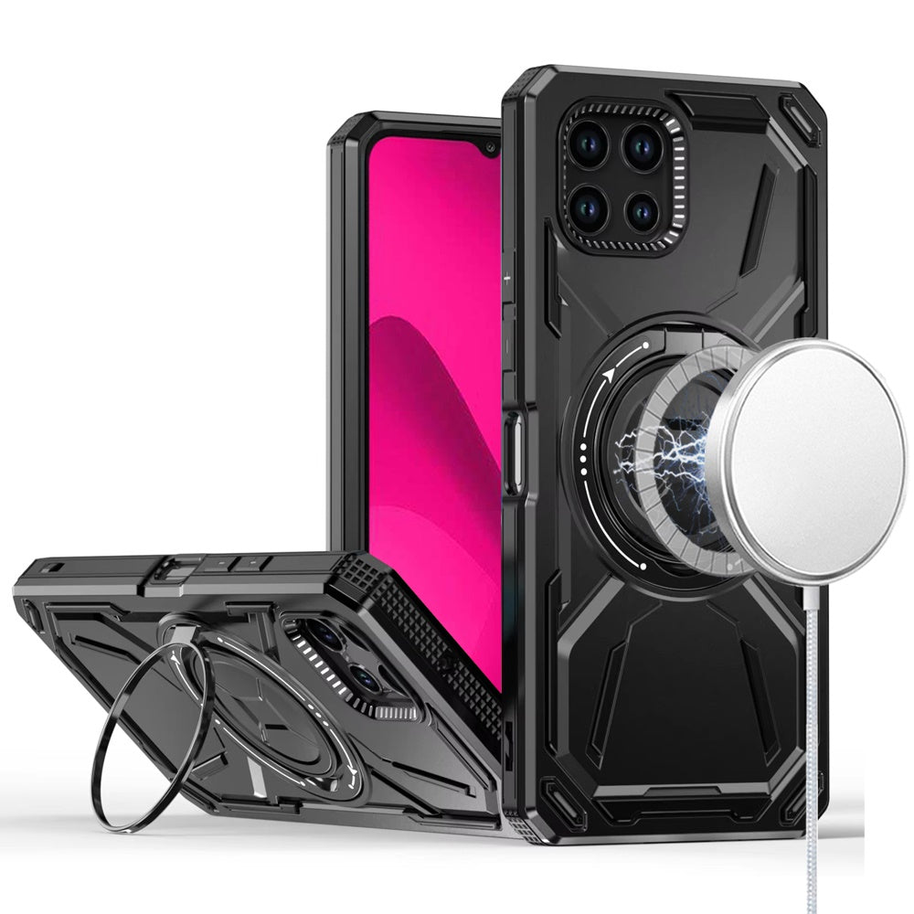 For T-Mobile Revvl 7 5G Hybrid Magnetic Ring and 360° Rotational Kickstand with MagSafe Compatible, Military Grade Drop Protection Case Cover Black