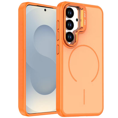 For Samsung Galaxy S26 Magnetic Matte Metal Camera Stand Hybrid Drop Protection Durable Shockproof Slim Fit Design Case Cover Cosmic Orange