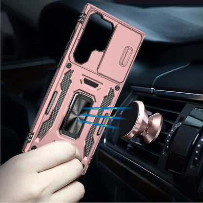 Phone Case for Samsung Galaxy S24 Ultra Tough Metal Ring Shockproof Sliding Camera Window Hybrid Armor Rugged Anti Slip Heavy Duty Grip Cover Gold