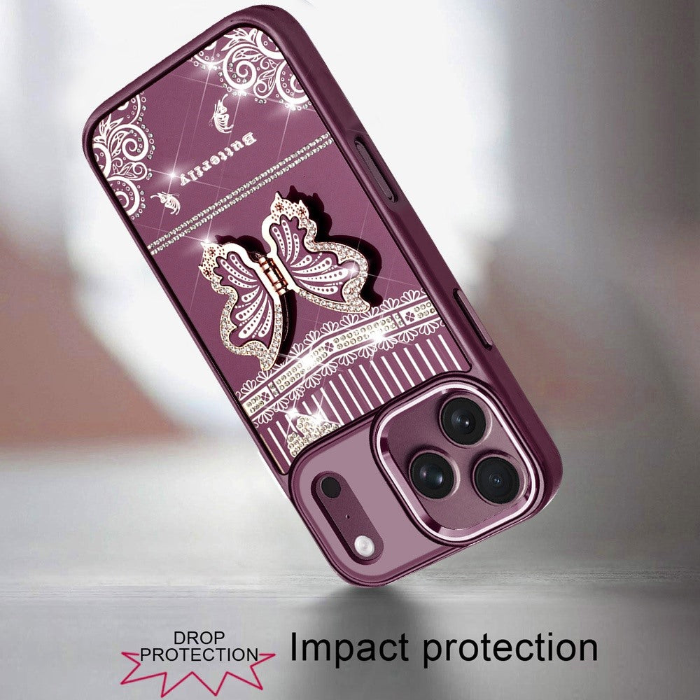 Phone Case for Apple iPhone 18 Pro/ 17 Pro Glitter Bling Butterfly Stand Metallic Edge Hybrid Shockproof Grip Durable Camera Protection Stylish Design Cover Purple