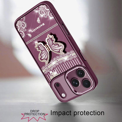 Phone Case for Apple iPhone 18 Pro/ 17 Pro Glitter Bling Butterfly Stand Metallic Edge Hybrid Shockproof Grip Durable Camera Protection Stylish Design Cover Purple