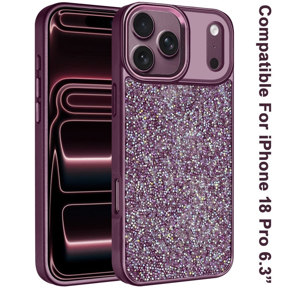 Phone Case for Apple iPhone 18 Pro/ iPhone 17 Pro Crystal Glass Bling Diamond Metallic Edge Shockproof Durable Protective Clear Hybrid Stylish Premium Design Cover Purple