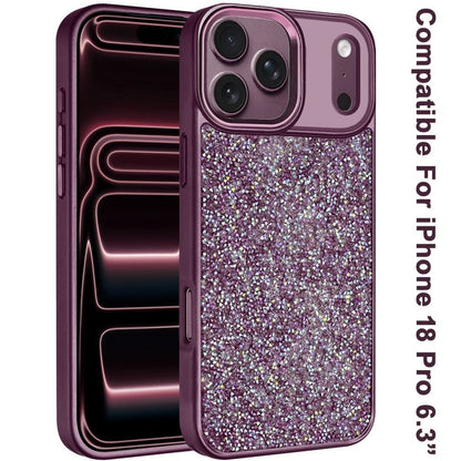 Phone Case for Apple iPhone 18 Pro/ iPhone 17 Pro Crystal Glass Bling Diamond Metallic Edge Shockproof Durable Protective Clear Hybrid Stylish Premium Design Cover Purple