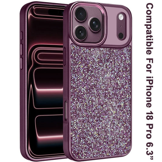 Phone Case for Apple iPhone 18 Pro/ iPhone 17 Pro Crystal Glass Bling Diamond Metallic Edge Shockproof Durable Protective Clear Hybrid Stylish Premium Design Cover Purple