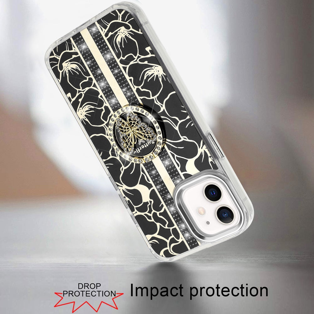 For Samsung Galaxy S26+ / S26 Plus Diamonds 3D Butterfly Floral Design Bling Sparkly Glitter Hybrid Metal Fashion with Ring Stand Case Cover